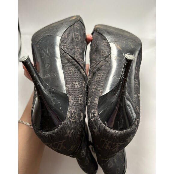 Louis Vuitton Black Canvas Monogram Boots Stiletto Heel Silver Buckle 36 6 Y2K - Picture 11 of 13